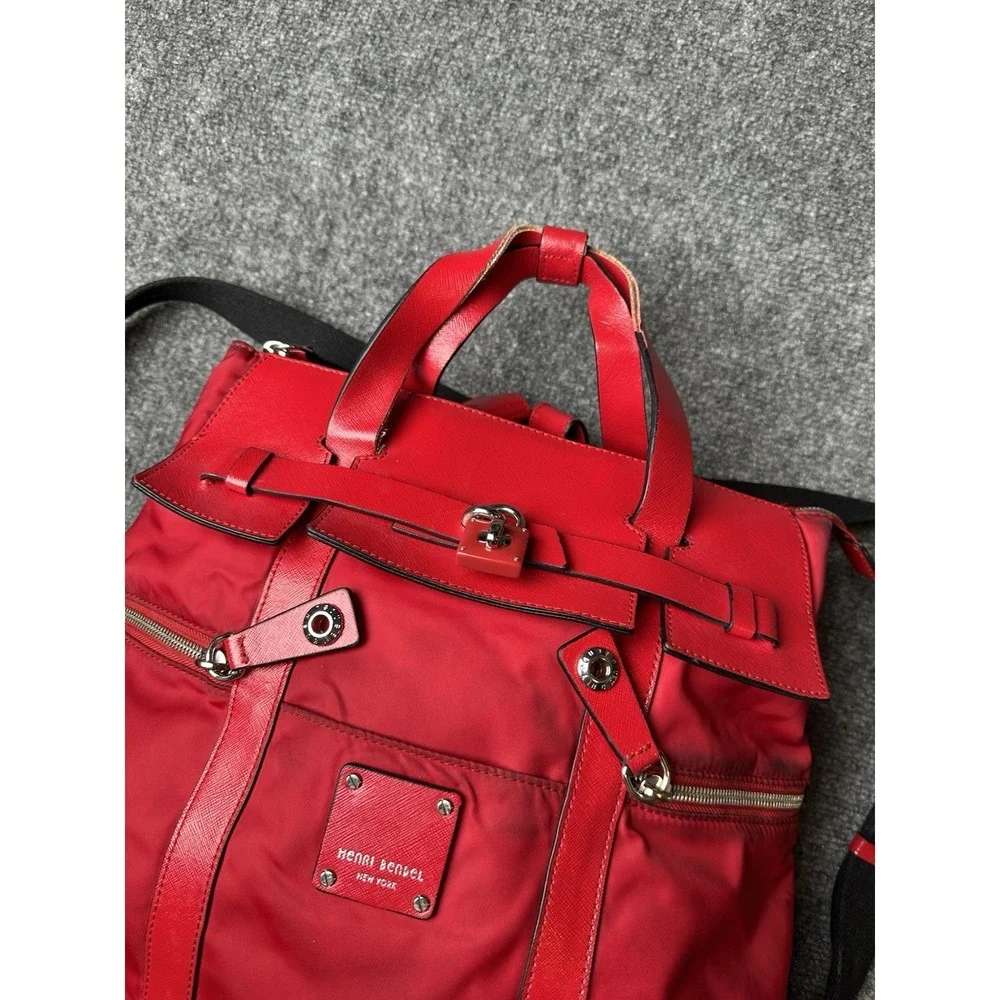 Womens Henri Bendel Red‎ Nylon Leather Trim Satchel Tote Bag, Size One Size